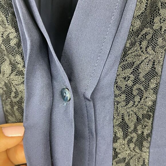 L'Agence Navy Blue Semi Sheer Silk Button Down Blouse XS Lace Trim - Picture 6 of 13